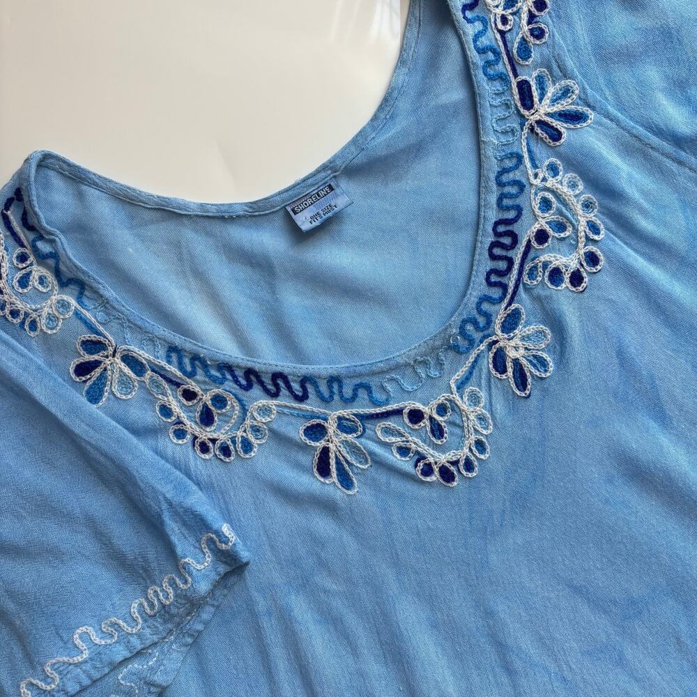 Vintage 90s Shoreline Beach Cover Up Mini Dress Blue Embroidered Coastal Cowgirl